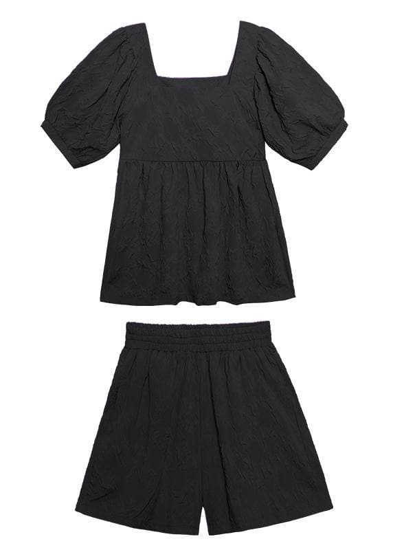 2021 women's summer fashion western style bubble sleeve black top and shorts two-pieces