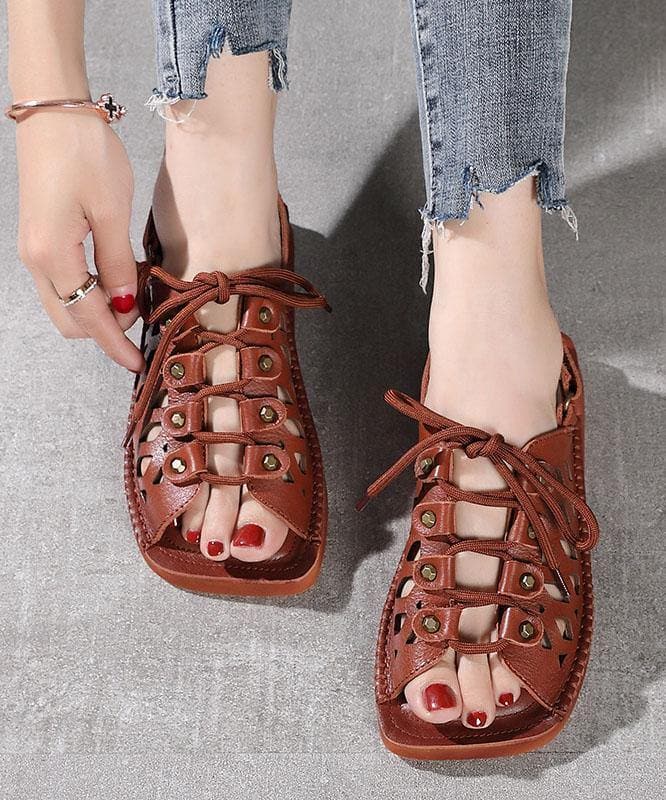 2021 Chocolate Lace Up Flat Sandals Cowhide Leather