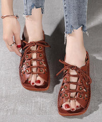 2021 Chocolate Lace Up Flat Sandals Cowhide Leather