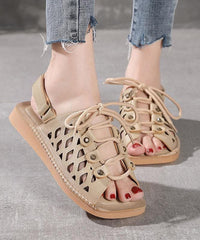 2021 Chocolate Lace Up Flat Sandals Cowhide Leather