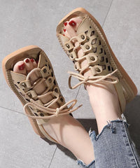 2021 Chocolate Lace Up Flat Sandals Cowhide Leather