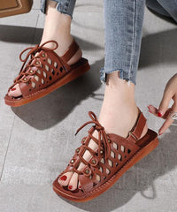 2021 Chocolate Lace Up Flat Sandals Cowhide Leather