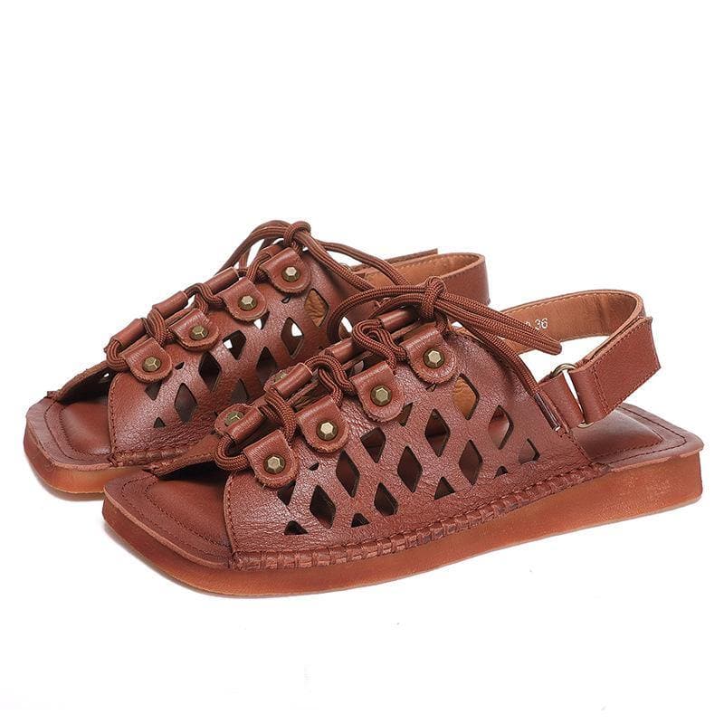 2021 Chocolate Lace Up Flat Sandals Cowhide Leather