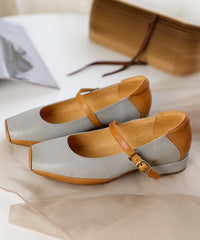 2022 Plus Size Buckle Strap Flat Shoes For Women Grey Comfy Cowhide Leather