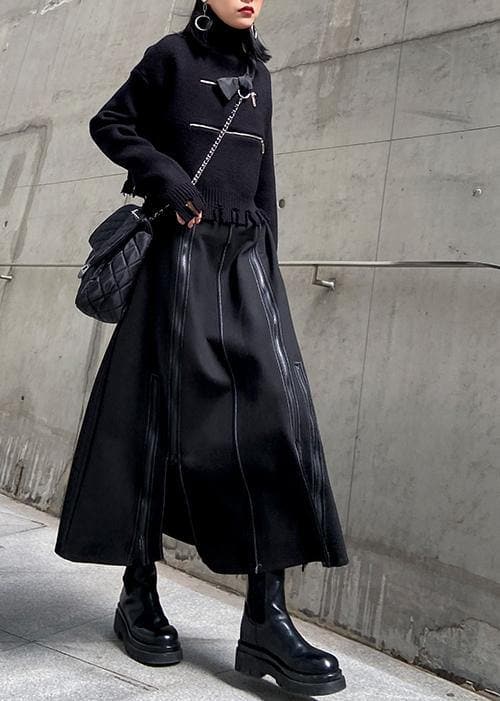 A-line skirt women's high waist mid length winter fashion black skirt