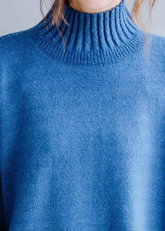 Pull tricoté bleu esthétique à col haut, vêtements grande taille, hauts en tricot d'automne