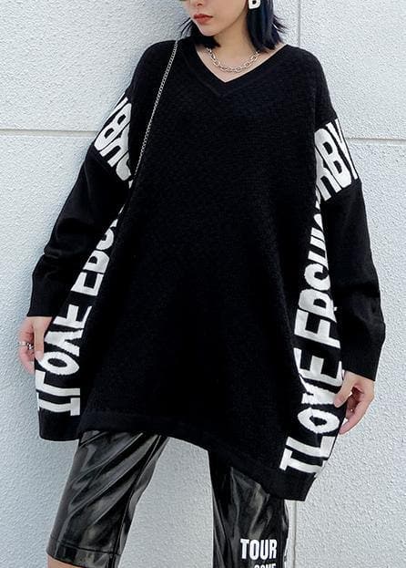 Aesthetic fall black Letter sweaters casual o neck knitted t shirt