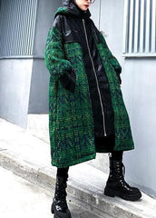 Manteau tricoté esthétique tendance grande taille vert à capuche et fermeture éclair