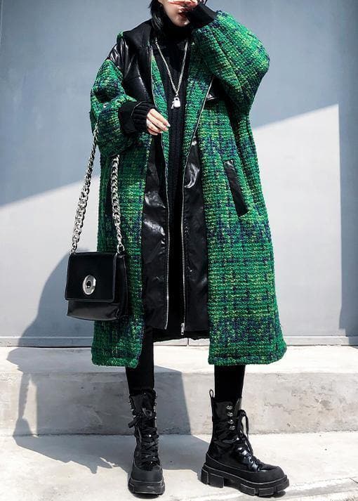 Manteau tricoté esthétique tendance grande taille vert à capuche et fermeture éclair