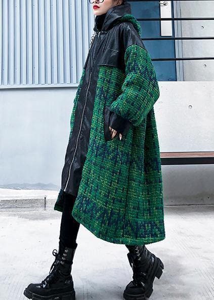 Manteau tricoté esthétique tendance grande taille vert à capuche et fermeture éclair