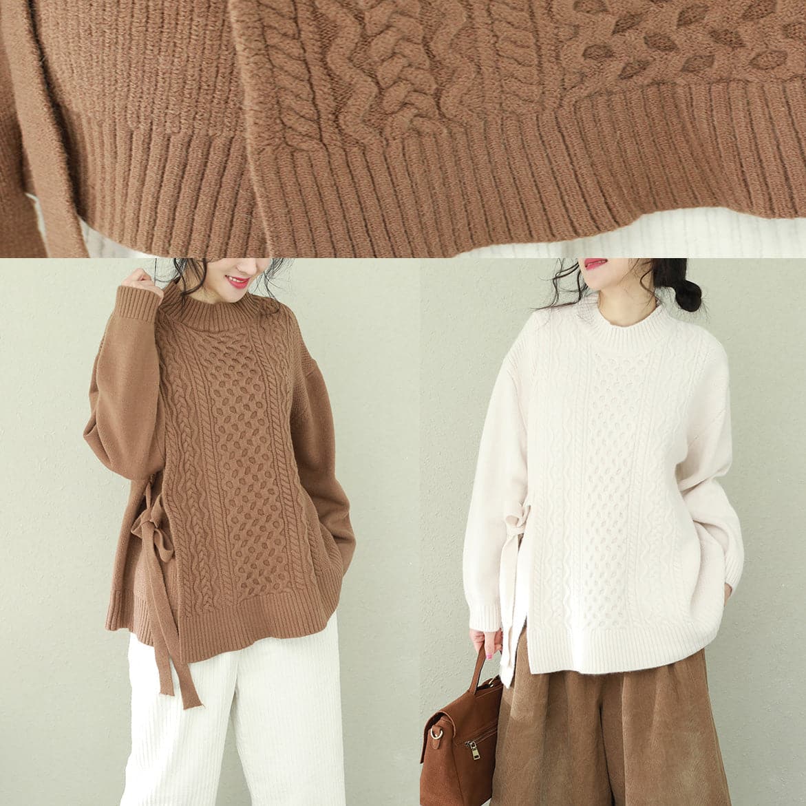 Pull blanc esthétique pour le temps Magnifique haut en tricot à col rond avec nœud Hipster