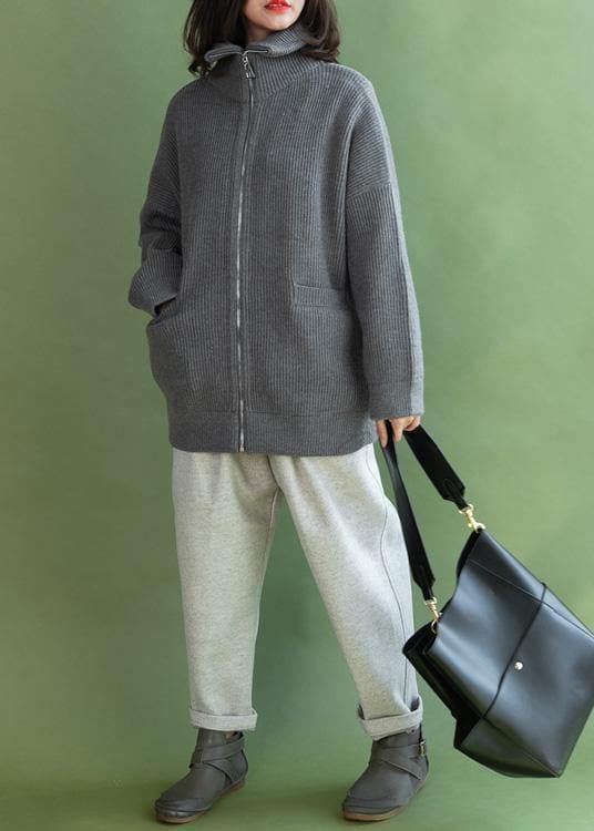 Aesthetic winter knitted coat casual gray zippered