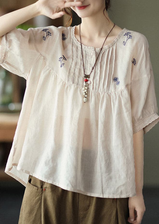 Apricot Patchwork Loose Linen Tops Ruffled Half Sleeve