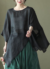 Art Black Asymmetrical Design Embroideried Summer Ramie Shirt Tops