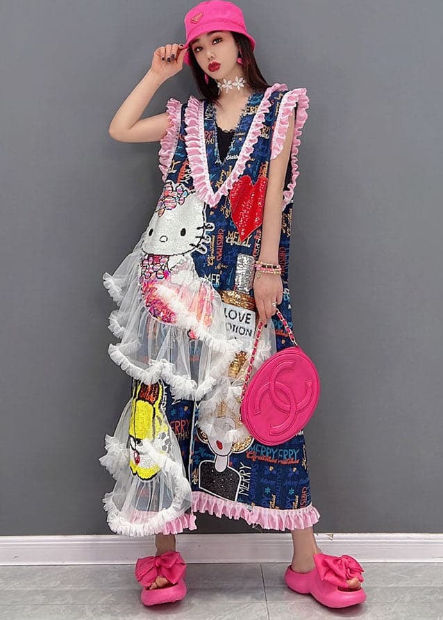 Art Blue Asymmetrical Ruffled Patchwork Tulle Graphic Cotton Denim Dress Sleeveless