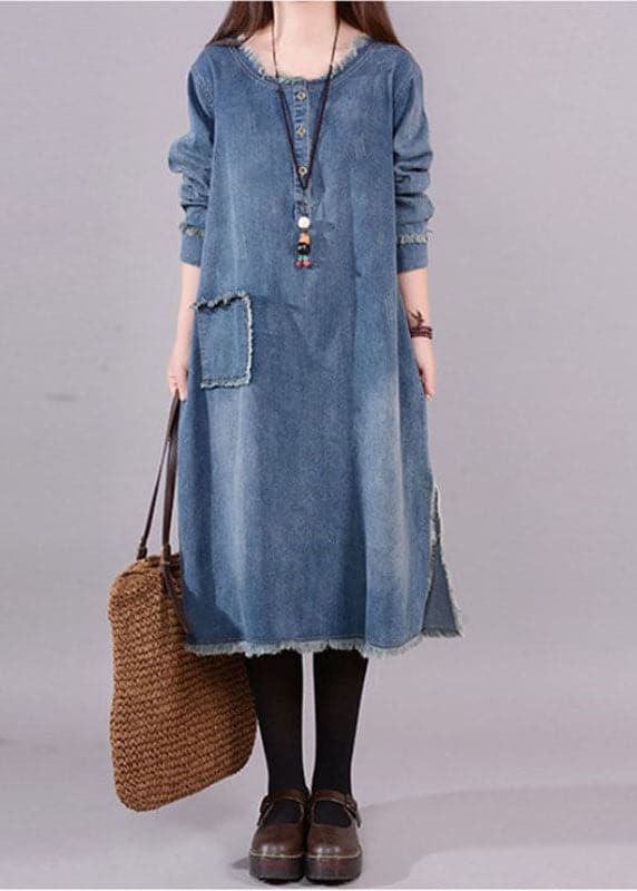 Art Blue O-Neck Pockets Button Denim Fall Long sleeve Dress