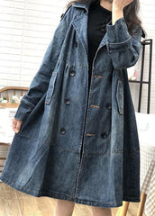 Art Blue Peter Pan Collar Pockets Button Fall Denim Trench Coats Coat