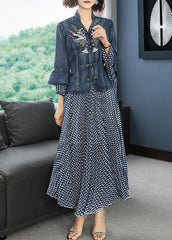 Art Blue Stand Collar Embroideried Denim Coats Flare Sleeve And Dot Print Chiffon Skirts Two Piece Set Women Clothing