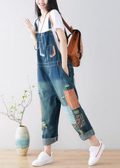 Art Blue pockets Patchwork ripped denim Jumpsuit Spring