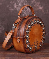 Art Brown Rivet Calf Leather Satchel Handbag