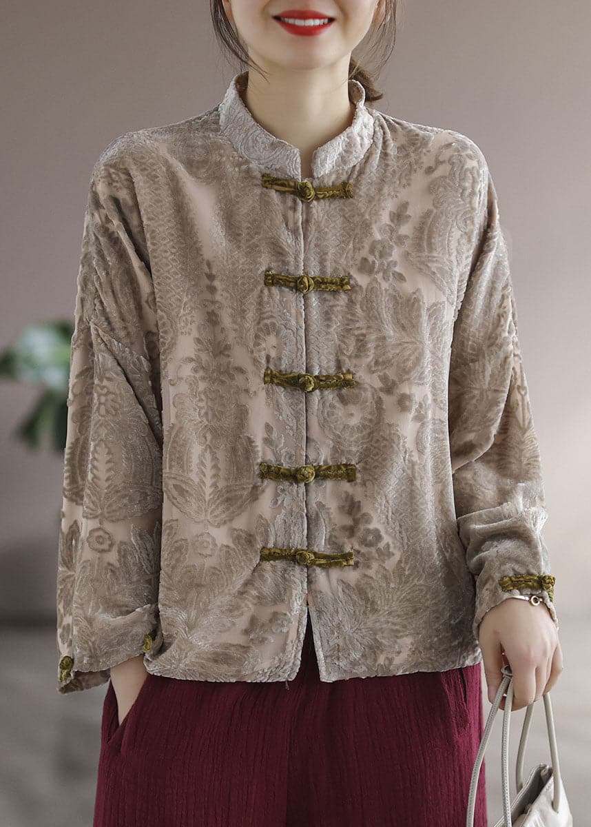 Art Khaki Stand Collar Jacquard Velour Shirt Long Sleeve