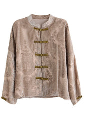 Art Khaki Stand Collar Jacquard Velour Shirt Long Sleeve