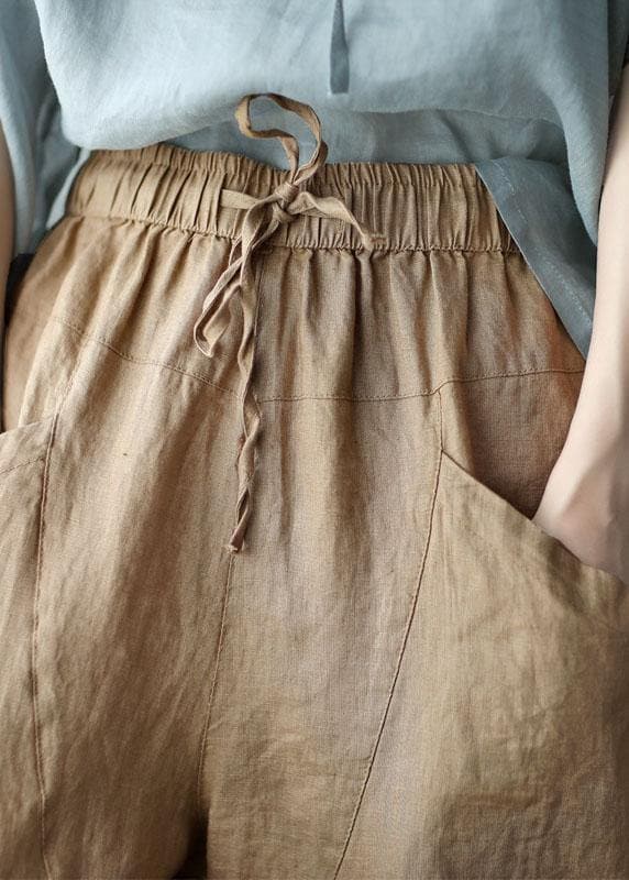 Art Khaki Tie Waist Pockets Summer Harem Pants Linen