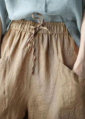 Art Khaki Tie Waist Pockets Summer Harem Pants Linen