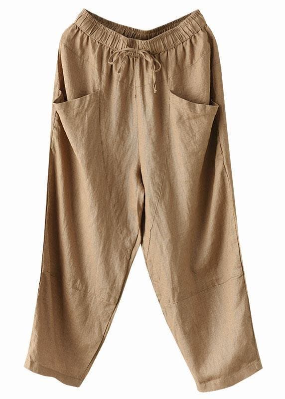 Art Khaki Tie Waist Pockets Summer Harem Pants Linen