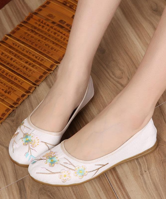 Art Splicing Flat Shoes For Women Beige Embroideried Cotton Linen Fabric