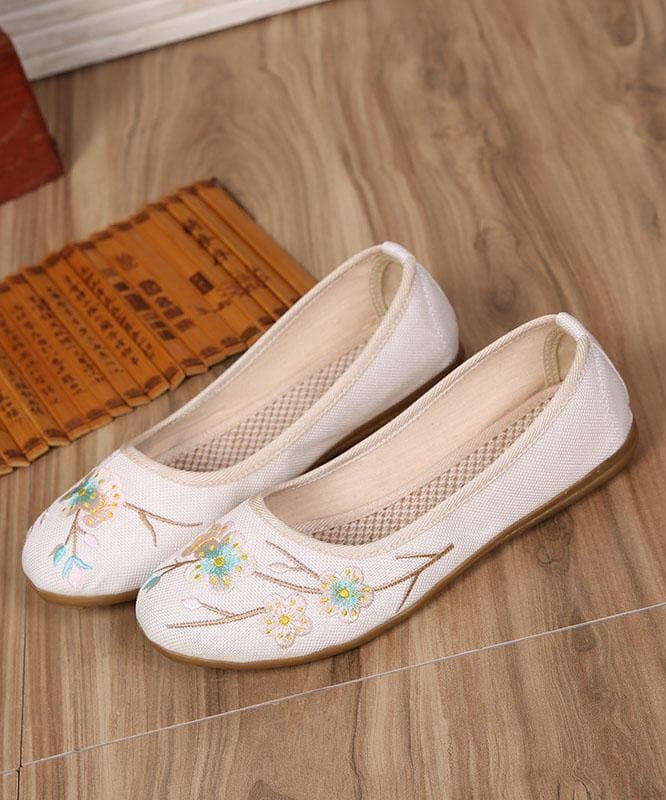 Art Splicing Flat Shoes For Women Beige Embroideried Cotton Linen Fabric