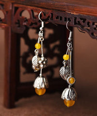 Art Yellow Agate Flower Tassel Silver Drop Earrings