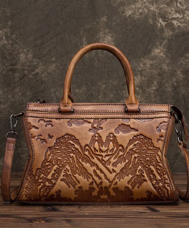 Kunst Gelb Landschaft malerei prägung Paitings Kalbsleder Satchel Handtasche