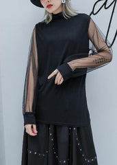 Art high neck cotton clothes Outfits black patchwork tulle sleeve blouses