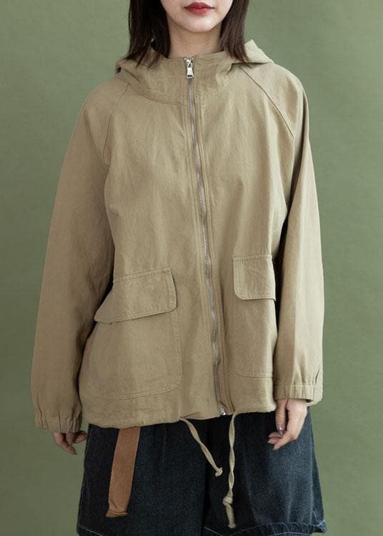 Art Khaki Kordelzug Mode Kleidung für Frauen Design Kapuze Herbst kurze Jacken