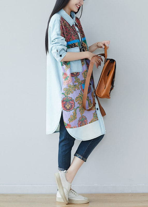 Art light Blue pockets side open Print denim shirt Dresses Spring