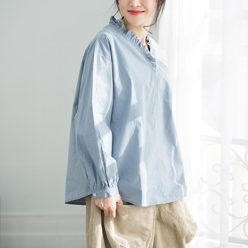 Art light blue cotton clothes For Women 2019 Wardrobes Ruffles Plus Size Clothing top