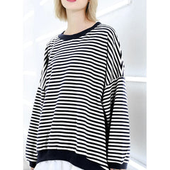 Art o neck Batwing Sleeve cotton fine Sewing striped silhouette top