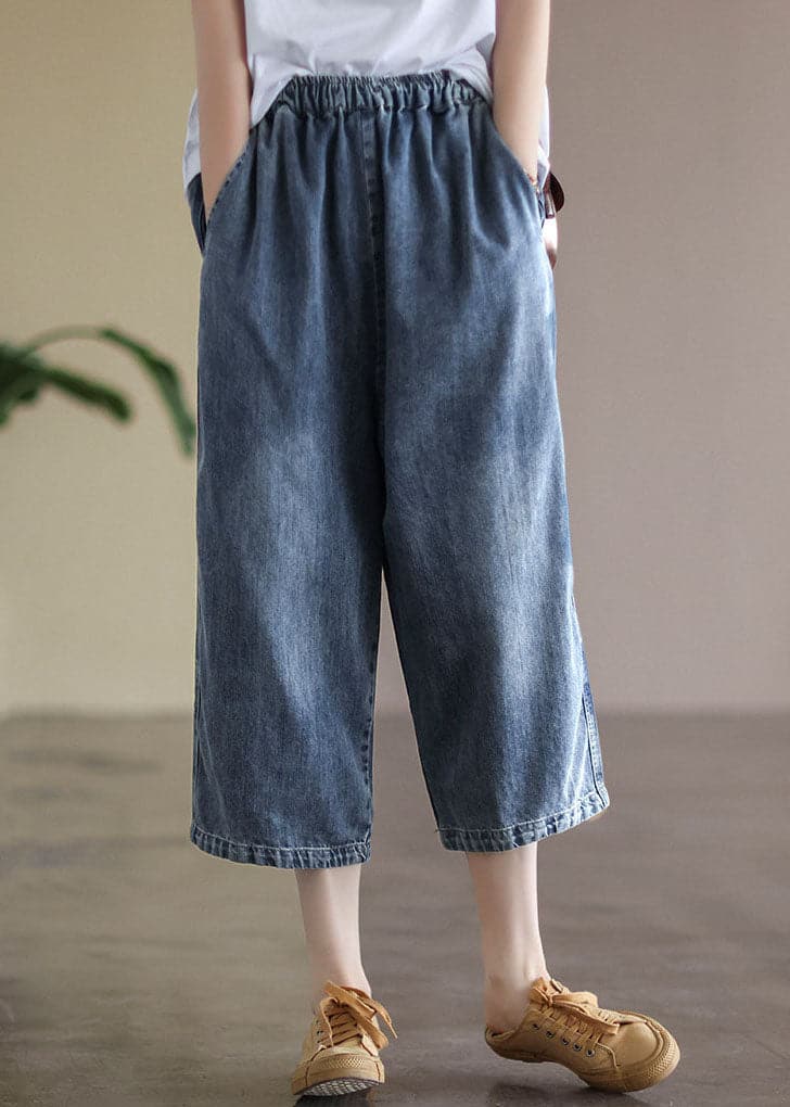 Baggy Hellblau Elastische Taille Taschen Denim Baumwolle Weite Beinhose Sommer