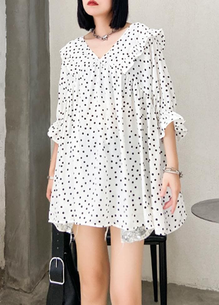 Strand weiß gepunktete Chiffon Kleidung Plus Größe Ärmel V-Ausschnitt Rüschen Love Tops