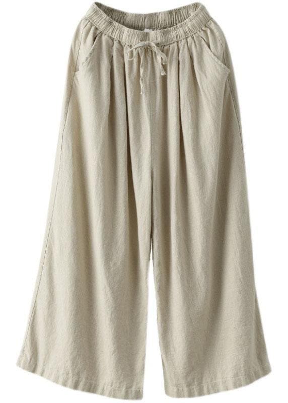 Schöne Beige Elastische Taille Krawatte Taille Breite Bein Hose Leinen