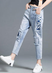 Schöne Hellblaue High Waist Letter Print Baumwolljeans Sommerjeans