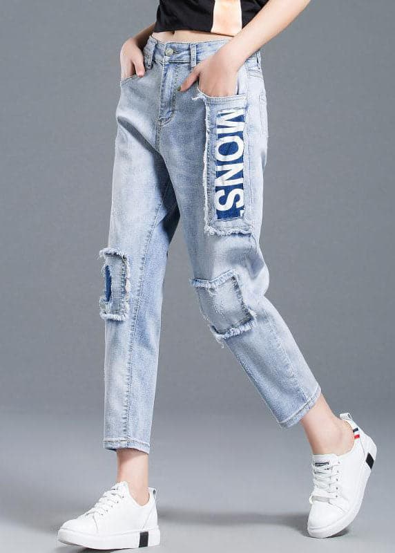 Schöne Hellblaue High Waist Letter Print Baumwolljeans Sommerjeans