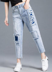 Schöne Hellblaue High Waist Letter Print Baumwolljeans Sommerjeans