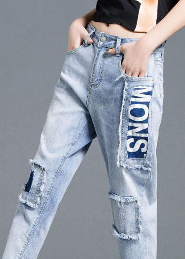 Schöne Hellblaue High Waist Letter Print Baumwolljeans Sommerjeans