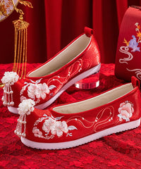 Belles chaussures plates de mariage pour femmes en tissu de coton brodé rouge