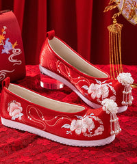 Belles chaussures plates de mariage pour femmes en tissu de coton brodé rouge