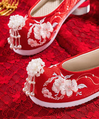 Belles chaussures plates de mariage pour femmes en tissu de coton brodé rouge