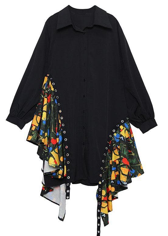 Belle robe noire en coton patchwork sur le côté, chemise d'automne grande taille