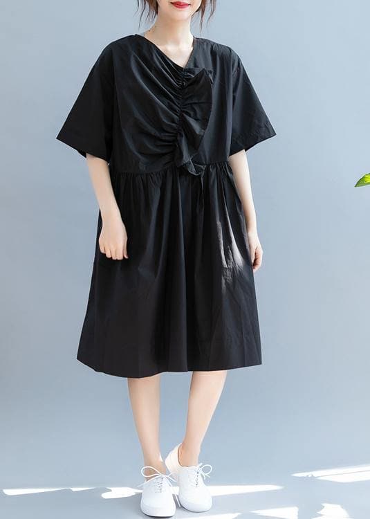 Belle robe noire pour femme, col en V, cintrée, ligne A, robe d'été